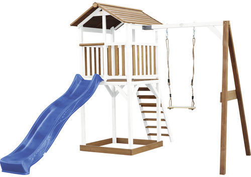 Spielturm axi Beach Tower mit Einzelschaukel Holz braun weiß Rutsche blau
