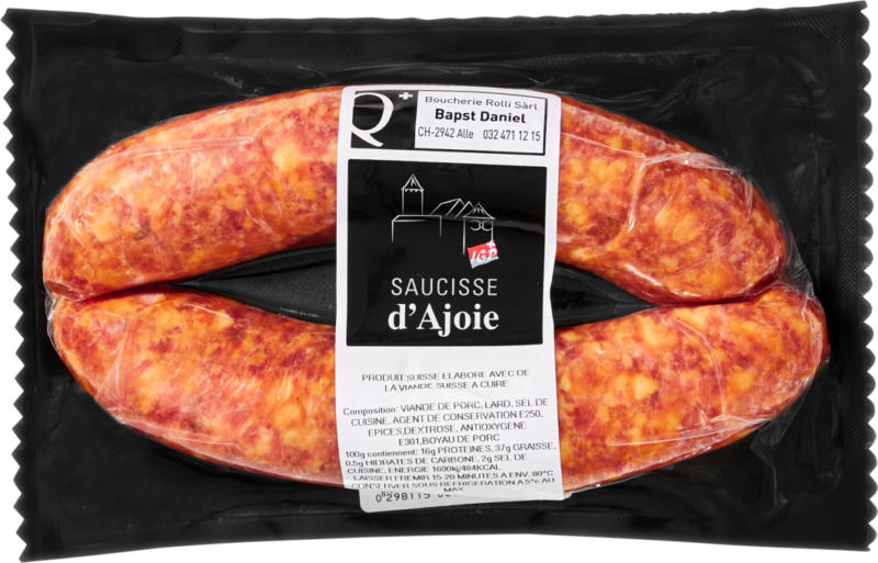 Saucisse d'Ajoie IGP, Maiale, Svizzera, 250 g, per 100 g