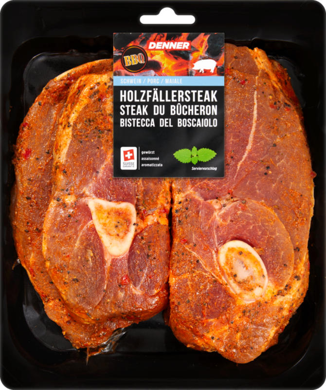Denner BBQ Holzfällersteak, Schwein, gewürzt, 4 x ca. 250 g, per kg