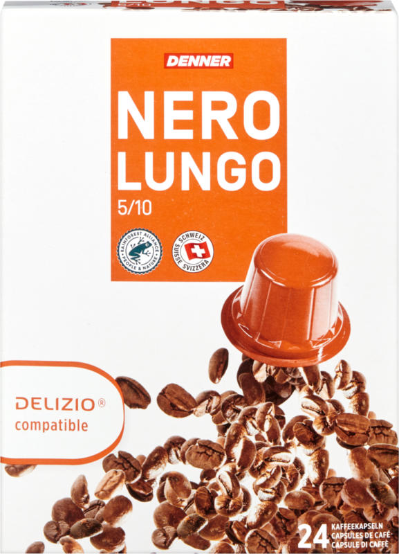 Denner Kaffeekapseln Nero , Lungo, kompatibel zu DELIZIO®-Maschinen, 24 Kapseln