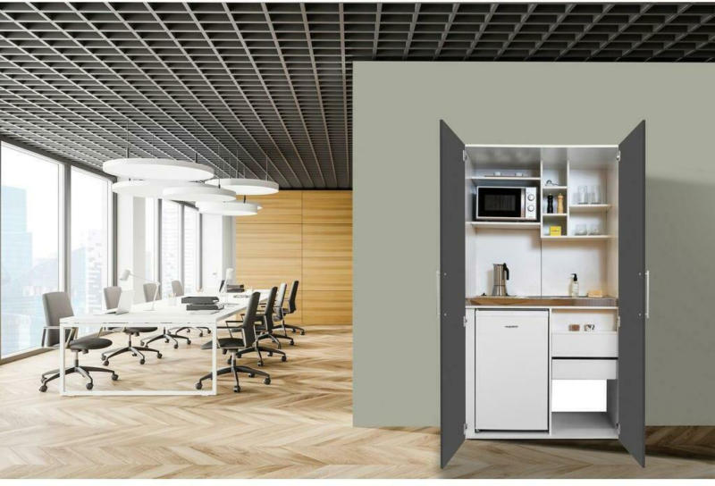 Schrankküche mit Mikrowelle + Kühlschrank 104 cm Weiß/Grau