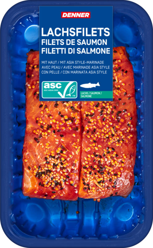 Filetti di salmone Denner , con pelle, con marinata asia style, Norvegia, 400 g