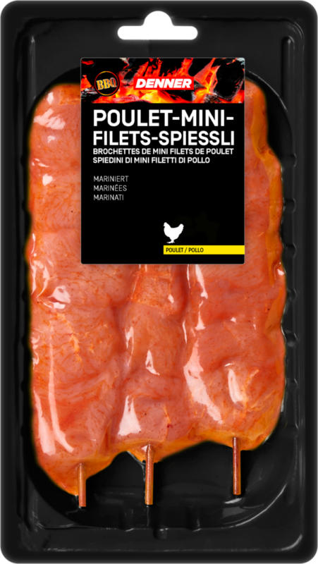 Brochettes de mini filets de poulet BBQ Denner, mariniert, Deutschland, ca. 300 g, per 100 g