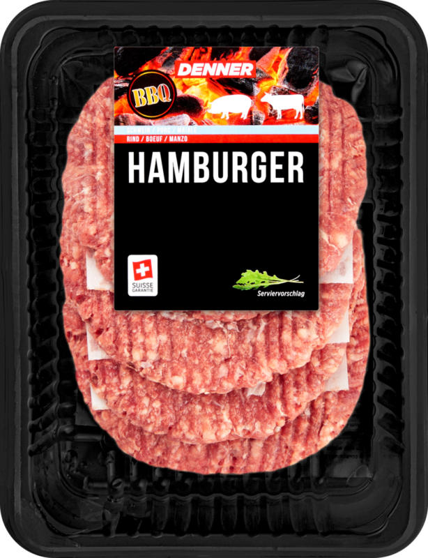 Hamburger BBQ Denner , Porc/Bœuf, 4 x 100 g
