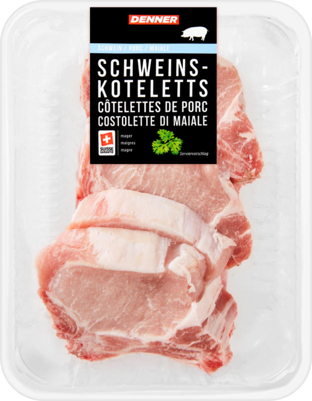 Denner Schweinskoteletts, mager, 4 Stück, ca. 640 g, per 100 g