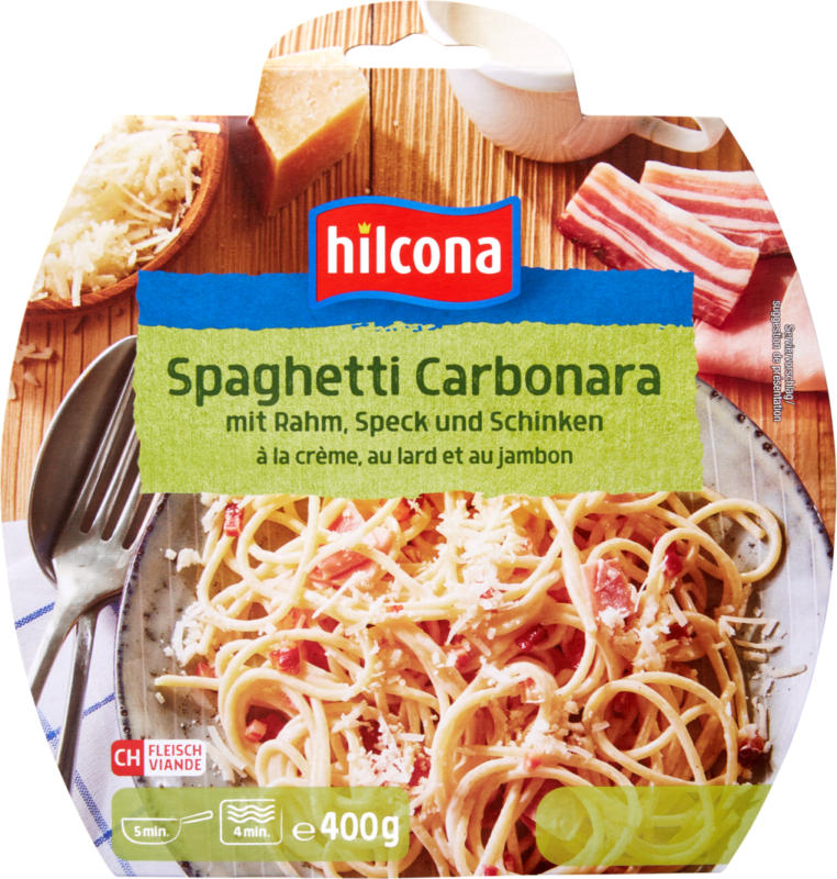 Spaghetti Carbonara Hilcona , con panna, pancetta e prosciutto, 400 g