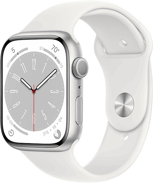 Apple Watch Series 8 GPS 45mm Aluminiumgehäuse, Sportarmband, Silber/Weiß; Smartwatch