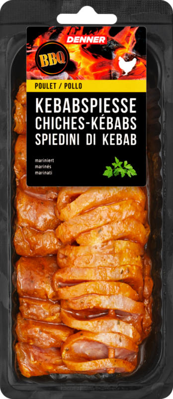 Denner BBQ Kebabspiesse, Poulet, mariniert, Schweiz, ca. 250 g, per 100 g
