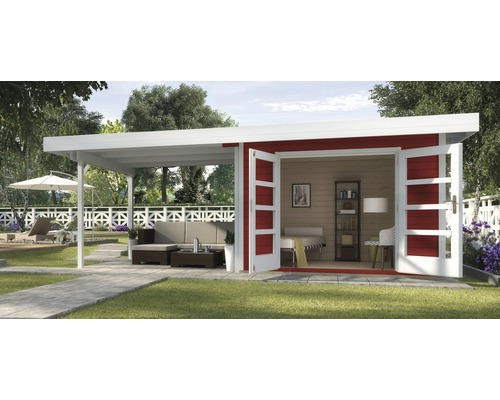 Gartenhaus weka Designhaus 126 B+ Gr. 1 hohes Durchgangsmaß 195 cm, mit Fußboden und Schleppdach 590 x 240 cm rot