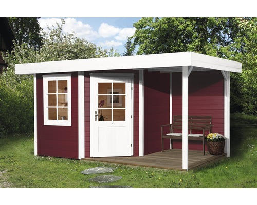 Gartenhaus weka Designhaus 213 A+ Gr. 1 hohes Durchgangsmaß 195 cm, mit Fußboden und Schleppdach 385 x 238 cm rot