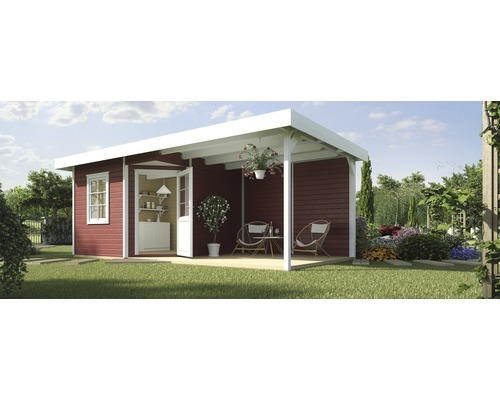 Gartenhaus weka Designhaus 213 B+ Gr. 2 hohes Durchgangsmaß 195 cm, mit Fußboden und Schleppdach 593 x 298 cm rot