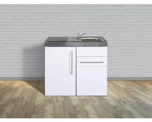 Miniküche Stengel Premiumline MP100S 100x60 cm Becken rechts weiß glänzend mit Glaskeramikkochfeld und Touchsteuerung