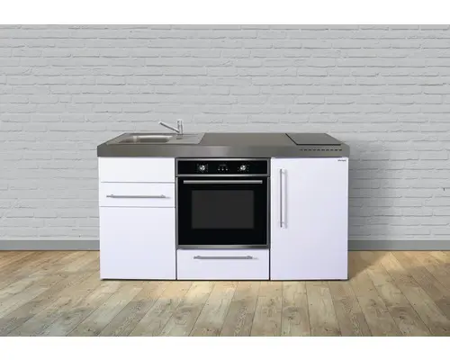 Miniküche Stengel Premiumline MPB160 160x60 cm Becken links weiß glänzend mit Glaskeramikkochfeld und Touchsteuerung