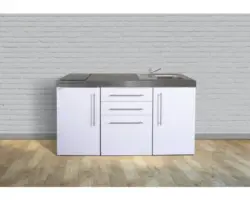 Miniküche Stengel Premiumline MPGS160 160x60 cm Becken rechts weiß glänzend mit Glaskeramikkochfeld und Touchsteuerung
