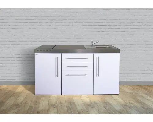 Miniküche Stengel Premiumline MPGS160 160x60 cm Becken rechts weiß glänzend mit Glaskeramikkochfeld und Touchsteuerung