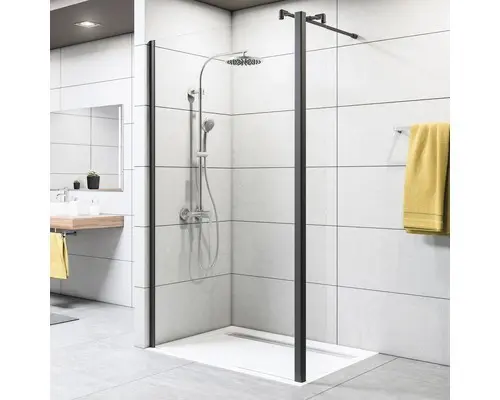 Raumdusche Breuer Entra 1200x2000 mm Dekorglas Lines Profilfarbe schwarz matt mit festem Element 272 mm
