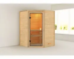 Blockbohlensauna Karibu Antonia ohne Ofen und Dachkranz mit bronzierter Ganzglastüre