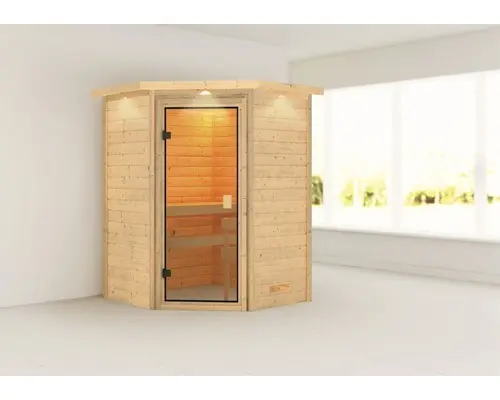 Blockbohlensauna Karibu Antonia ohne Ofen mit Dachkranz und bronzierter Ganzglastüre