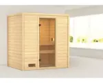 Hornbach Blockbohlensauna Karibu Selena ohne Ofen und Dachkranz mit bronzierter Ganzglastüre