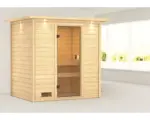 Hornbach Blockbohlensauna Karibu Selena ohne Ofen mit Dachkranz und bronzierter Ganzglastüre