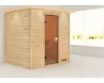 Hornbach Blockbohlensauna Karibu Adelina ohne Ofen mit Dachkranz und bronzierter Ganzglastüre