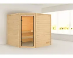 Blockbohlensauna Karibu Tida ohne Ofen und Dachkranz mit bronzierter Ganzglastüre