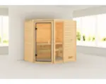 Hornbach Blockbohlensauna Karibu Jada ohne Ofen und Dachkranz mit bronzierter Ganzglastüre