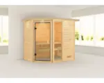 Hornbach Blockbohlensauna Karibu Jada ohne Ofen mit Dachkranz und bronzierter Ganzglastüre