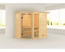 Blockbohlensauna Karibu Jada ohne Ofen mit Dachkranz und bronzierter Ganzglastüre