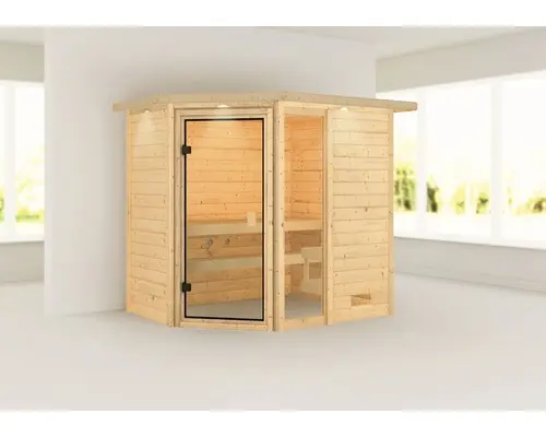 Blockbohlensauna Karibu Jada ohne Ofen mit Dachkranz und bronzierter Ganzglastüre