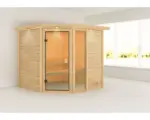 Hornbach Blockbohlensauna Karibu Tabea ohne Ofen mit Dachkranz und bronzierter Ganzglastüre