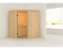 Elementsauna Karibu Faurin ohne Ofen und Dachkranz mit bronzierter Ganzglastüre