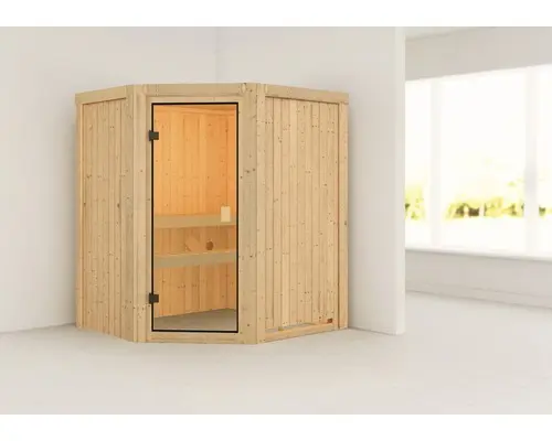 Elementsauna Karibu Faurin ohne Ofen und Dachkranz mit bronzierter Ganzglastüre