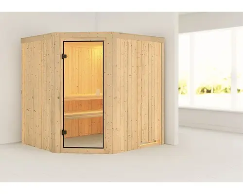 Elementsauna Karibu Bodo ohne Ofen und Dachkranz mit bronzierter Ganzglastüre