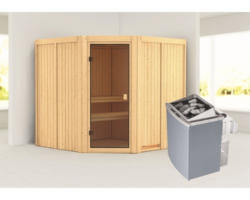 Elementsauna Karibu Kotka inkl. 9 kW Ofen u.integr.Steuerung ohne Dachkranz mit bronzierter Ganzglastüre