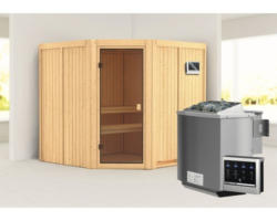 Elementsauna Karibu Kotka inkl. 9 kW Bio Ofen u.ext.Steuerung ohne Dachkranz mit bronzierter Ganzglastüre