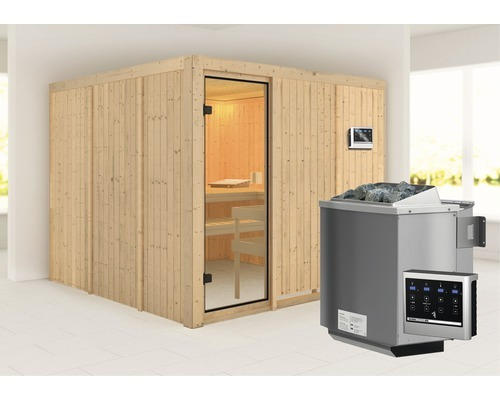 Elementsauna Karibu Arvika inkl. 9 kW Bio Ofen zu.ext.Steuerung ohne Dachkranz mit bronzierter Ganzglastüre