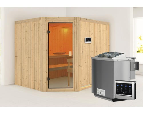 Elementsauna Karibu Horna inkl. 9 kW Bio Ofen ext.Steuerung ohne Dachkranz mit bronzierter Ganzglastüre