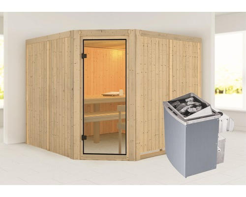 Elementsauna Karibu Ystadt inkl. 9 kW Ofen u.integr.Steuerung ohne Dachkranz mit bronzierter Ganzglastüre