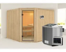 Elementsauna Karibu Ystadt inkl. 9 kW Bio Ofen u.ext.Steuerung ohne Dachkranz mit bronzierter Ganzglastüre