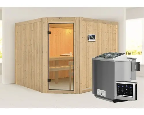 Elementsauna Karibu Ystadt inkl. 9 kW Bio Ofen u.ext.Steuerung ohne Dachkranz mit bronzierter Ganzglastüre