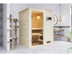 Plug & Play Sauna Karibu Sandra inkl.3,6 kW Ofen u.ext.Steuerung ohne Dachkranz mit bronzierter Ganzglastüre