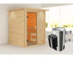 Hornbach Plug & Play Sauna Karibu inkl.3,6 kW Ofen u.integr.Steuerung mit Dachkranz und bronzierter Ganzglastüre