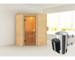 Hornbach Plug & Play Sauna Karibu Antonia inkl.3,6kW Ofen u.intergr.Steuerung ohne Dachkranz mit bronzierter Ganzglastüre