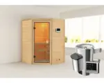 Hornbach Plug & Play Sauna Karibu Antonia inkl.3,6kW Ofen u.ext.Steuerung ohne Dachkranz mit bronzierter Ganzglastüre