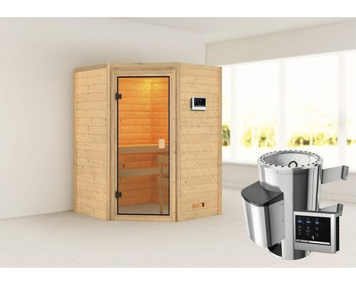 Plug & Play Sauna Karibu Antonia inkl.3,6kW Ofen u.ext.Steuerung ohne Dachkranz mit bronzierter Ganzglastüre