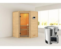 Plug & Play Sauna Karibu Antonia inkl.3,6kW Bio Ofen u.ext.Steuerung ohne Dachkranz mit bronzierter Ganzglastüre