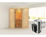 Hornbach Plug & Play Sauna Karibu Antonia inkl.3,6kW Ofen u.intergr.Steuerung mit Dachkranz und bronzierter Ganzglastüre