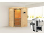 Hornbach Plug & Play Sauna Karibu Antonia inkl.3,6kW Ofen u.ext.Steuerung mit Dachkranz und bronzierter Ganzglastüre