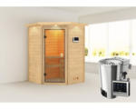 Hornbach Plug & Play Sauna Karibu Antonia inkl.3,6kW Bio Ofen u.ext.Steuerung mit Dachkranz und bronzierter Ganzglastüre